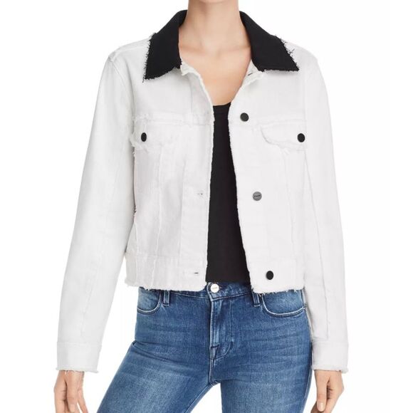 Frame Block Denim Jacket Contrast Collar XS X-Small Off White Black Raw Hem - Picture 1 of 8